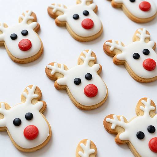 Photograph of evenly spaced reindeer-shaped cookies with white icing, red noses, black dots, and brown antlers on a white background.