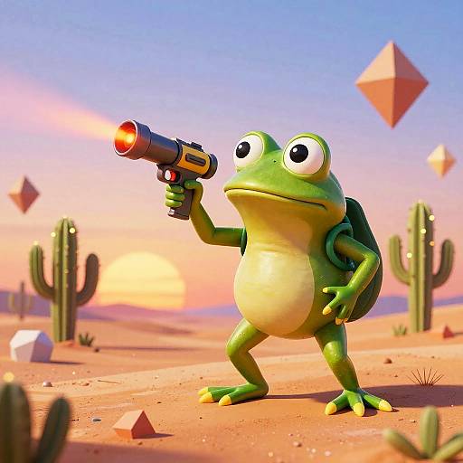 CGI cartoon of a green frog with wide eyes, holding a small red-and-black gun, standing in a desert with cacti and floating py