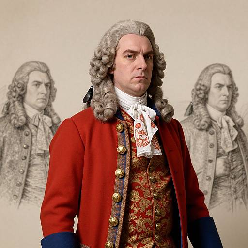 Digital illustration of a stern-faced, white-haired 18th-century man in a red coat with gold buttons and intricate red vest, set against two grayscale