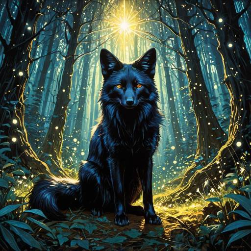 Luminous Black Fox in Enchanted Forest