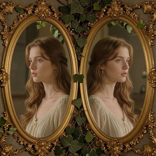 Photograph of a young woman with wavy brown hair, fair skin, and soft pink lips, reflected in an ornate, gold, oval mirror