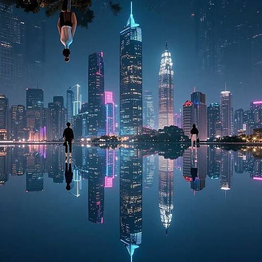 Digital artwork of a neon-lit, futuristic cityscape at night with a calm, reflective water surface. Two silhouetted figures stand, and