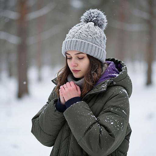 Photograph of a young woman in a snowy forest, wearing a gray knit hat with a pom-pom, black winter coat, and purple hoodie,