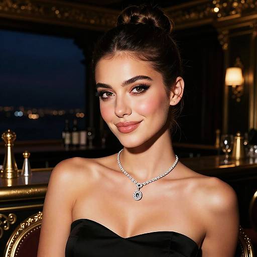 Photograph of a beautiful woman with dark hair in an updo, wearing a black strapless dress and diamond necklace, in a luxurious, dimly