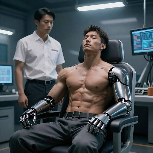 Futuristic Scene with Muscular Man and Prosthetic