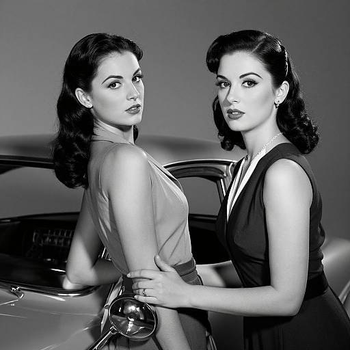 Black-and-white photograph of two 1940s-style women with dark, wavy hair, wearing sleeveless dresses, standing beside a vintage car,