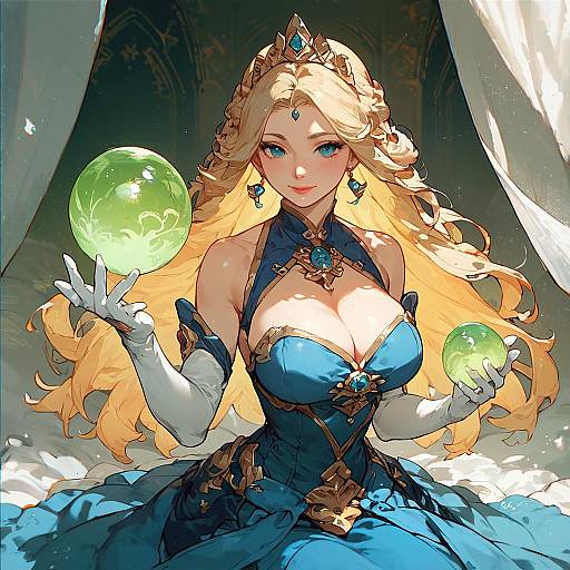 Feena in Blue Dress Holding Orb Indoors