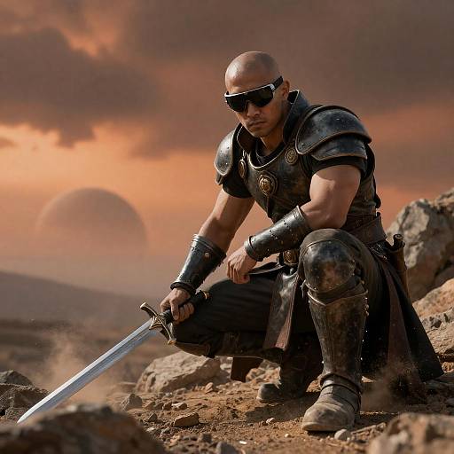 Warrior in Dark Armor with Sword on Rocky Terrain