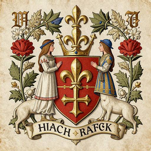 Medieval heraldic coat of arms with two women in dresses, blue hats, white dogs, red fleur-de-lis, gold fleur,