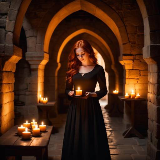 Woman Holding Candle in Medieval Stone Hallway