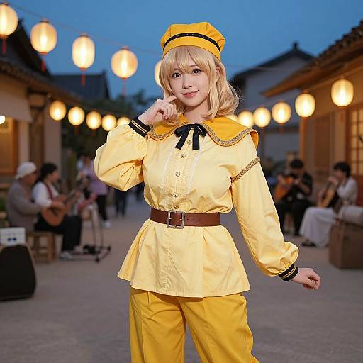 Photograph of a blonde woman in a yellow, traditional Japanese outfit with black trim, brown belt, and yellow hat, standing in a twilight, lantern