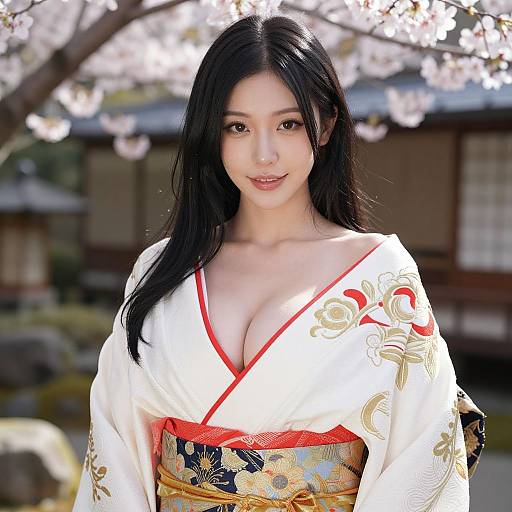 Photograph of an Asian woman with long black hair, wearing a white kimono with red and gold floral patterns, revealing ample cleavage, standing in