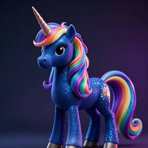 Photograph of a glittery blue unicorn with a rainbow mane and tail, colorful star cutie mark, and large expressive eyes, standing against a dark