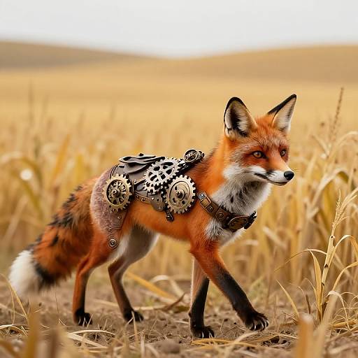 Photograph of a red fox with intricate, steampunk-style metal armor walking through a golden, grassy field under a bright sky.