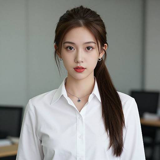 Photograph of an East Asian woman with fair skin, red lipstick, and long black hair in a ponytail, wearing a white button-up shirt,