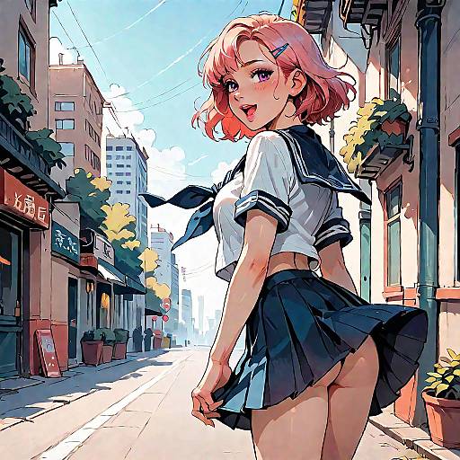 Smiling Schoolgirl in Cityscape