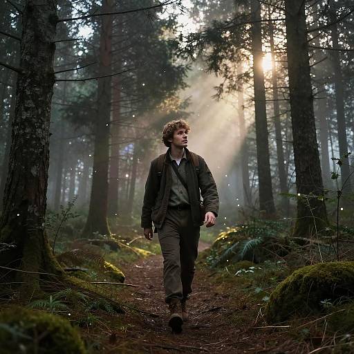 Photograph of a curly-haired man in dark clothing walking through a misty, sunlit forest path with tall trees and moss-covered ground.