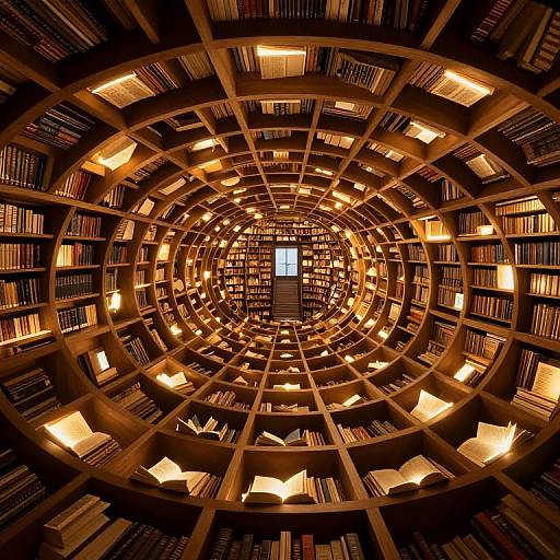 Photograph of a circular library with wooden shelves, brightly lit by warm yellow lights, filled with books, creating a mesmerizing, symmetrical spiral pattern