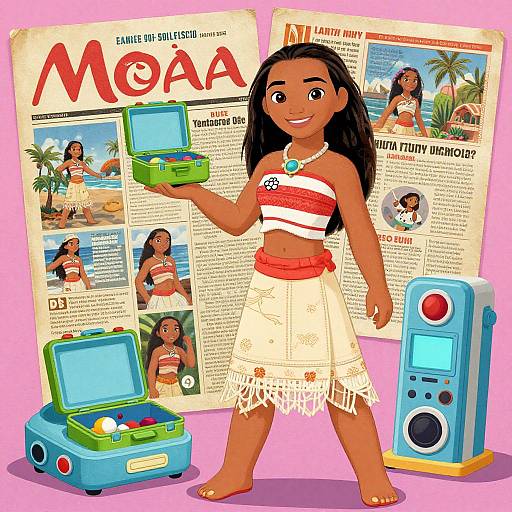 Digital illustration of a smiling, brown-skinned girl with long black hair, wearing a white and red strapless top and skirt, holding a toy,