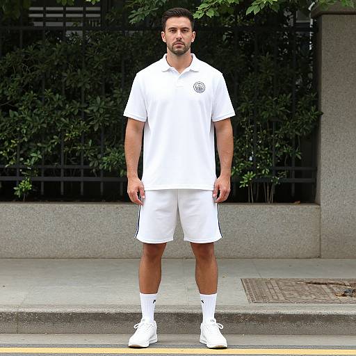Photograph of a bearded man in a white soccer uniform, standing on a city sidewalk, with green foliage and a metal fence in the background.