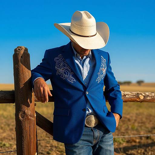 Photograph of a man in a white cowboy hat, blue embroidered blazer, blue checkered shirt, and jeans, leaning on a wooden fence in