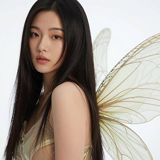 Photograph of an East Asian woman with long black hair, fair skin, and golden fairy wings, wearing a delicate, gold-embellished top