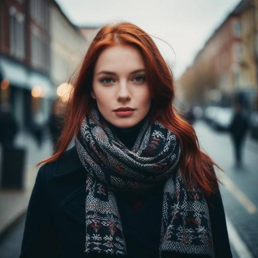 Redhead Woman in Winter Scarf on City Street
