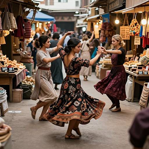 Photograph of three women in colorful, floral dresses dancing in a lively, crowded outdoor market with vendors and hanging lights.