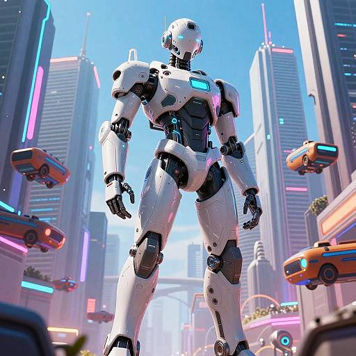 Futuristic Robot in Sci-Fi Cityscape