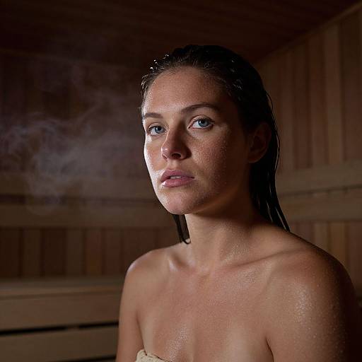Photograph of a wet, shirtless woman with blue eyes, dark hair, and glistening skin in a wooden, dimly-lit sauna,