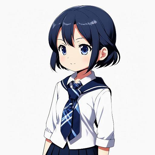 Anime-style digital drawing of a young girl with short blue hair, large blue eyes, wearing a white school uniform with a navy-blue plaid tie and