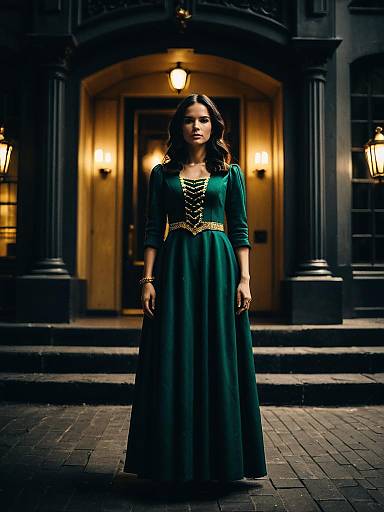 Woman in Green Dress by Building