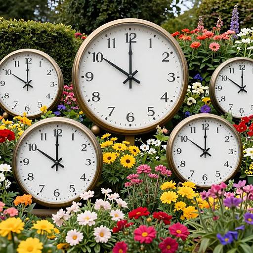 Photograph of five large, round, gold-framed clocks with black hands, surrounded by vibrant, colorful flowers, set against a lush green hedge backdrop