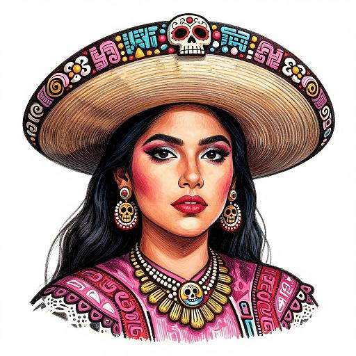 Digital illustration of a Latina woman with long black hair, red lipstick, and adorned traditional Mexican attire, including a large sombrero with skull embellishments,