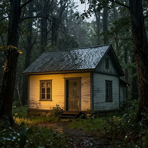 Photograph of a small, weathered wooden cabin in a dense, misty forest, illuminated by a warm, yellow light from inside.