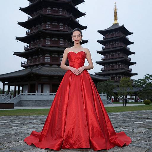 Woman in Red Gown by Pagoda