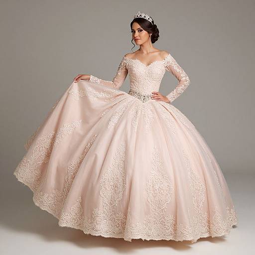 Photograph of a bride in an off-the-shoulder, ivory lace wedding gown with a voluminous skirt, wearing a silver tiara, against