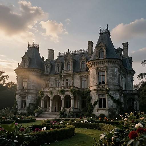 Photograph of a grand, Gothic-style stone mansion at sunset, with sunlight rays illuminating the structure, surrounded by a beautifully manicured garden with vibrant