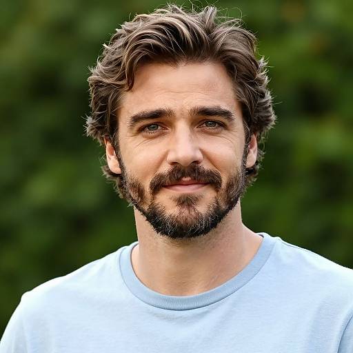 Photograph of a smiling, bearded man with wavy brown hair, wearing a white shirt, against a blurred green leafy background.