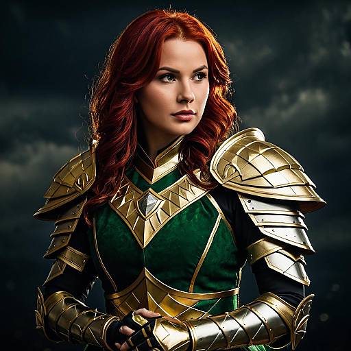Female Warrior in Green and Gold Armor