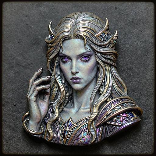 Digital painting of a silver-skinned, ethereal female elf with long, wavy blonde hair, purple eyes, and intricate armor, touching her face