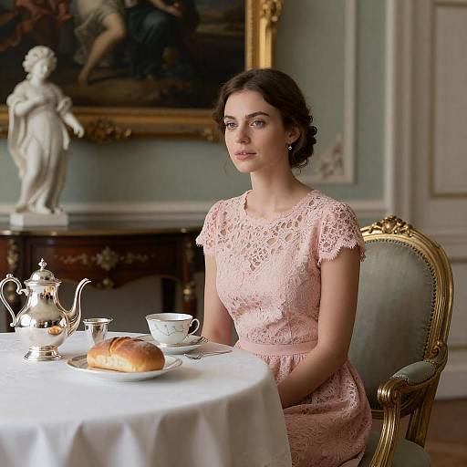 Elegant Woman in Lace Dress at Table