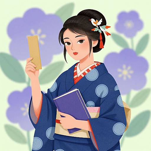 Digital illustration of an Asian woman in a blue yukata with blue circles, holding a card and a book, against a purple floral background.
