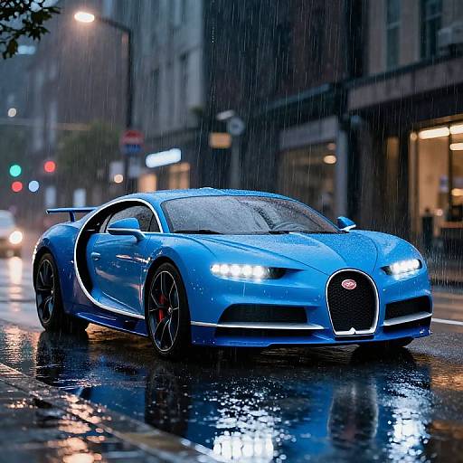 Neon Blue Bugatti in Rainy Night