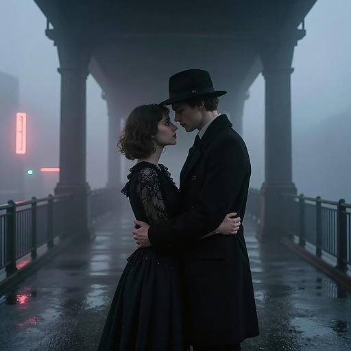 Surreal Embrace in a Foggy Cityscape