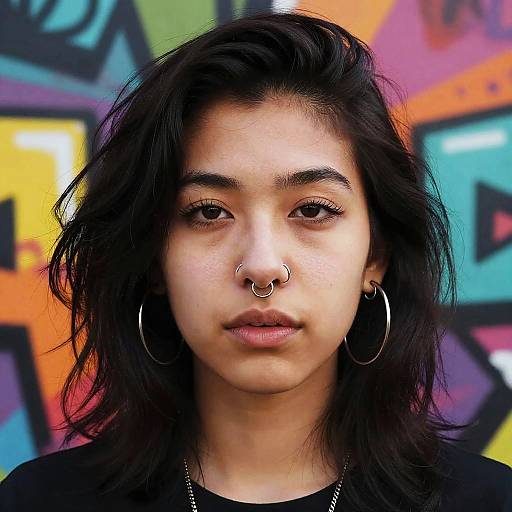 Portrait of Woman with Nose Piercings Against Graffiti Wall
