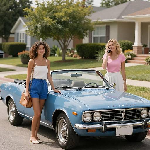 Two Women with Blue Vintage Convertible on Suburban Street