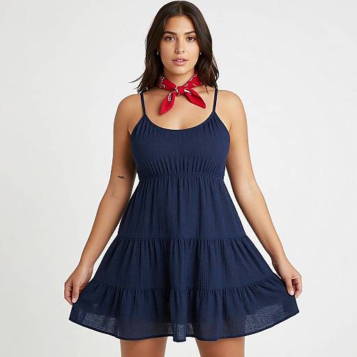 Bohemian Woman in Navy Tiered Mini Dress