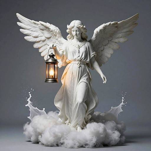 Photorealistic digital art of a white marble angel with wings, holding a glowing lantern, standing on a cloud with water splashes.