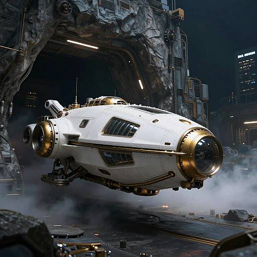 CGI sci-fi image of a sleek, white, futuristic spacecraft with gold accents emerging from a dark, cavernous, industrial spaceship hangar.